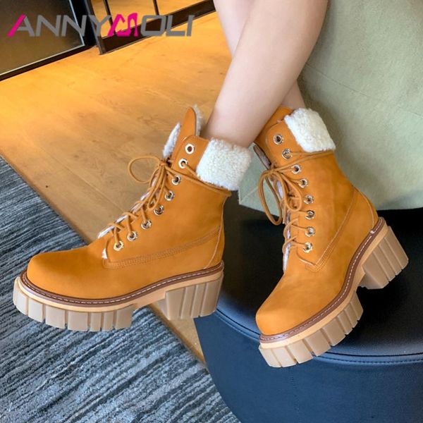 boots annymoli women short shoes genuine leather real wool fur platform thick heel snow lace up high warm ankle, Black
boots annymoli women short shoes genuine leather real wool fur platform thick heel snow lace up high warm ankle, Black