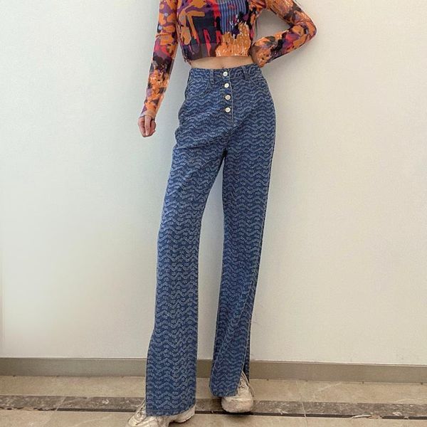 retro striped printed jeans women high street personality split loose high-waist straight wide leg pants1, Blue 
retro striped printed jeans women high street personality split loose high-waist straight wide leg pants1, Blue