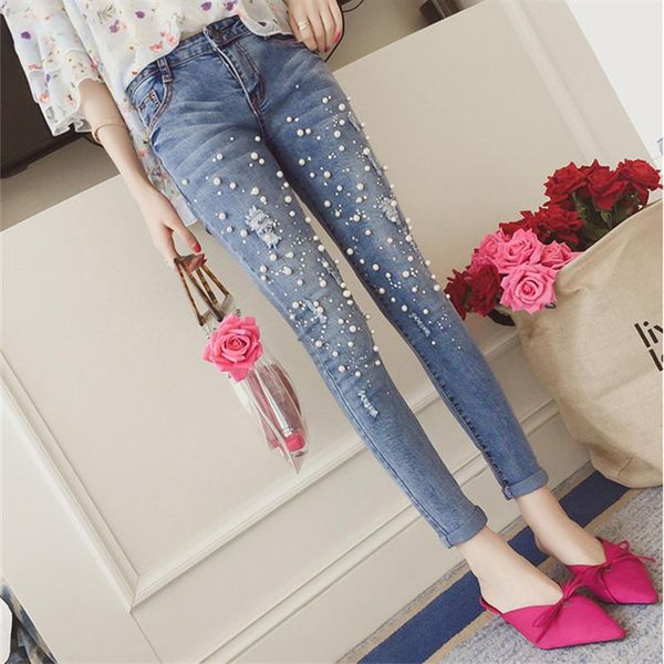 women's jeans 2021 fashion pearled denim pants pencil hole ripped slim elasticity trousers, Blue
women's jeans 2021 fashion pearled denim pants pencil hole ripped slim elasticity trousers, Blue
