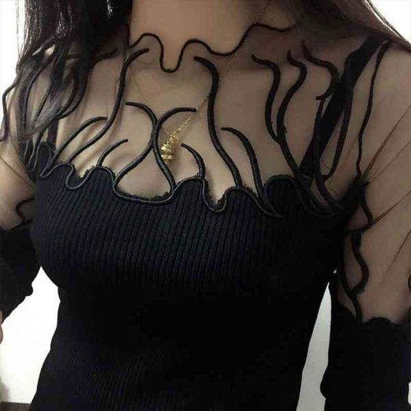 long sleeve pullovers lace patchwork see through slim knit korean fashion black sweater women half turtleneck, White;black
long sleeve pullovers lace patchwork see through slim knit korean fashion black sweater women half turtleneck, White;black