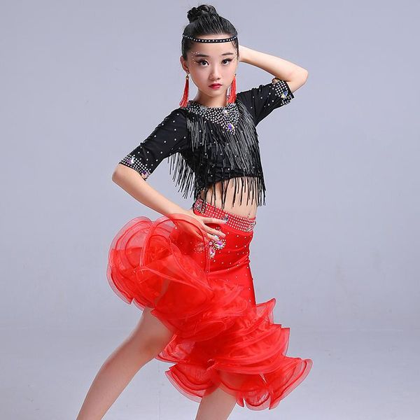 stage wear children's latin dance skirt performance kids fringe ballroom tango samba salsa competition dresses party, Black;red 
stage wear children's latin dance skirt performance kids fringe ballroom tango samba salsa competition dresses party, Black;red
