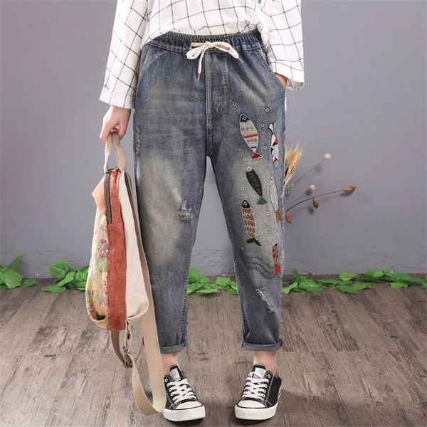 qpfjqd women vintage fish embroidered jeans ripped cotton denim harem pants casual ladies lace up elastic waist trousers blue y200417
qpfjqd women vintage fish embroidered jeans ripped cotton denim harem pants casual ladies lace up elastic waist trousers blue y200417