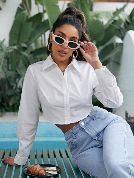curved hem crop blouse d3r7#, White