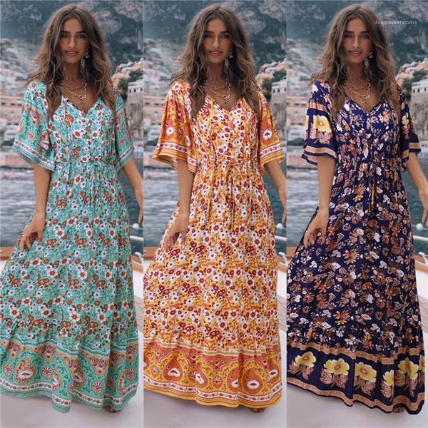 dress summer short sleeve v neck high waist print dress vestidos bohemian dress womens designer maxi, Black;gray
dress summer short sleeve v neck high waist print dress vestidos bohemian dress womens designer maxi, Black;gray