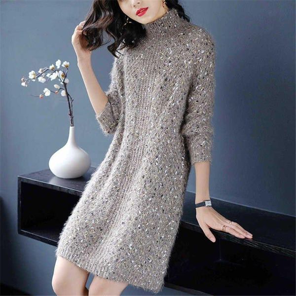casual dresses winter high collar long sleeve loose mid length over knee thickened warm knitted bottom dress, Black;gray
casual dresses winter high collar long sleeve loose mid length over knee thickened warm knitted bottom dress, Black;gray