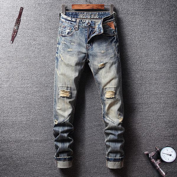 2021 new italian style fashion retro wash slim fit ripped men spliced designer denim pants streetwear hip hop homme jvq8, Blue
2021 new italian style fashion retro wash slim fit ripped men spliced designer denim pants streetwear hip hop homme jvq8, Blue