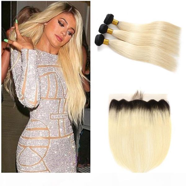 

ombre brazilain dark roots blonde hair with ear to ear 13x4 full lace frontal with 3 bundles straight 1b 613# human hair weaves, Black;brown