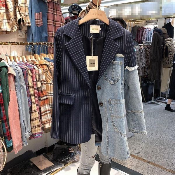 spring 2020 new striped suit collar irregular stitching worn jeans coat fashion women streetwear womens jackets and coats1, Black;brown
spring 2020 new striped suit collar irregular stitching worn jeans coat fashion women streetwear womens jackets and coats1, Black;brown