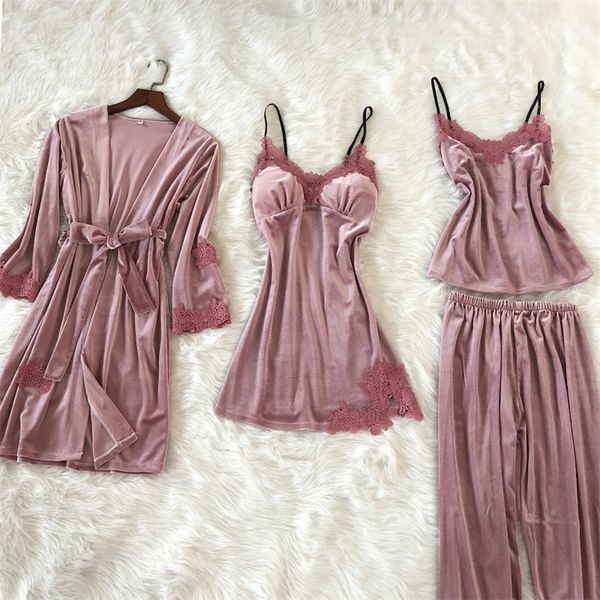 2019 autumn winter women pajamas sets warm gold velvet 4 pieces lace pijama spaghetti strap nightwear with chest pads pyjama y200708, Black;red
2019 autumn winter women pajamas sets warm gold velvet 4 pieces lace pijama spaghetti strap nightwear with chest pads pyjama y200708, Black;red