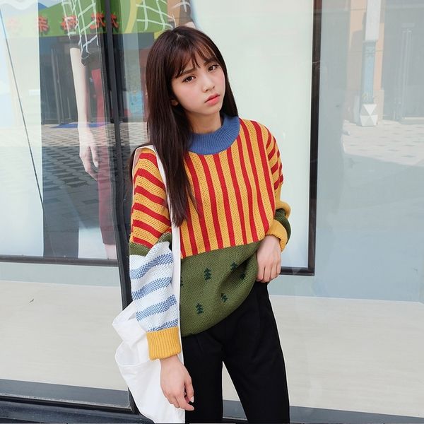 korean new winter sweaters woman vintage hit color stripe loose pullover sweater female casual jumpers y200720, White;black 
korean new winter sweaters woman vintage hit color stripe loose pullover sweater female casual jumpers y200720, White;black
