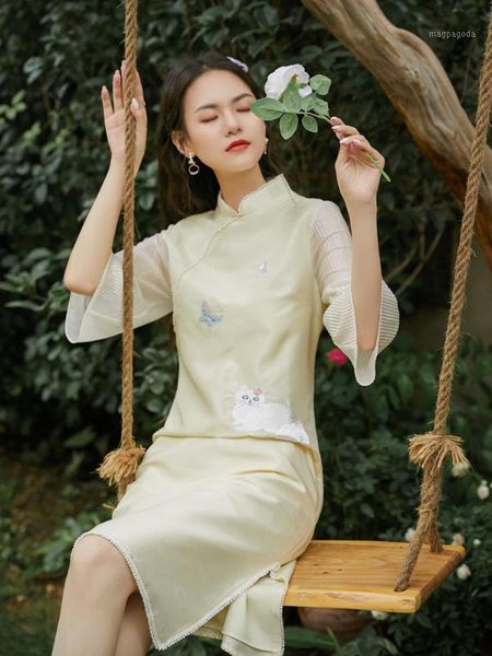 improved dress with lotus sleeve cheongsam chinese style1, Red