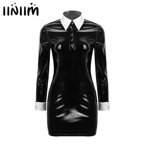 women ladies wetlook clubwear white collar bodycon fancy parties dress dark gothic darling costume femme halloween cosplay dress1, Black;gray
women ladies wetlook clubwear white collar bodycon fancy parties dress dark gothic darling costume femme halloween cosplay dress1, Black;gray