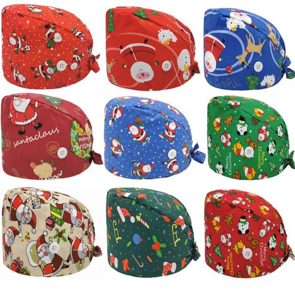 Baotou Hat Christmas Printed Cotton Adjustable Pet Work Hats Dust Cap Nursing Cap Elastic Beauty Hats Beauty Salon Pet Scrubs