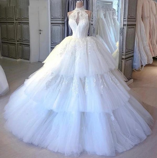 setwell high neck ball gown wedding dresses sleeveless lace appliques pleated tiered tulle floor length bridal gowns, White
setwell high neck ball gown wedding dresses sleeveless lace appliques pleated tiered tulle floor length bridal gowns, White