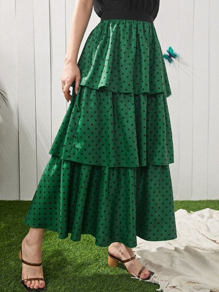 1pc polka dot layered hem skirt q2o5#, Black