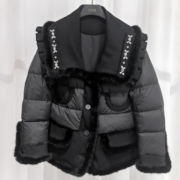 white duck down parkas doll collar with mink trim bordered women's short wide downs jacket, Black
white duck down parkas doll collar with mink trim bordered women's short wide downs jacket, Black