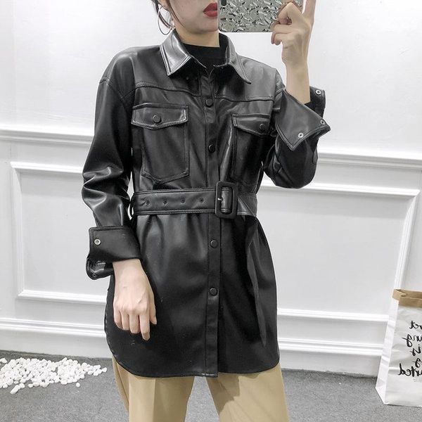 women's leather & faux 2021 jacket coat with belt women fashion button turn down collar pu office lady streetwear coat1, Black
women's leather & faux 2021 jacket coat with belt women fashion button turn down collar pu office lady streetwear coat1, Black