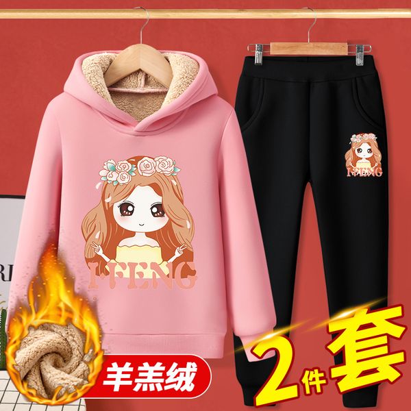 girls' hooded sweater winter children's cashmere suit two piece warm and thickened sports pants, White
girls' hooded sweater winter children's cashmere suit two piece warm and thickened sports pants, White