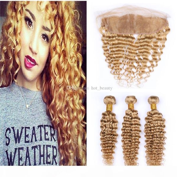 8a honey blonde lace frontal closure with bundles deep wave #27 blonde unprocessed brazilian virgin hair 3 bundles and lace frontal closure, Black 
8a honey blonde lace frontal closure with bundles deep wave #27 blonde unprocessed brazilian virgin hair 3 bundles and lace frontal closure, Black