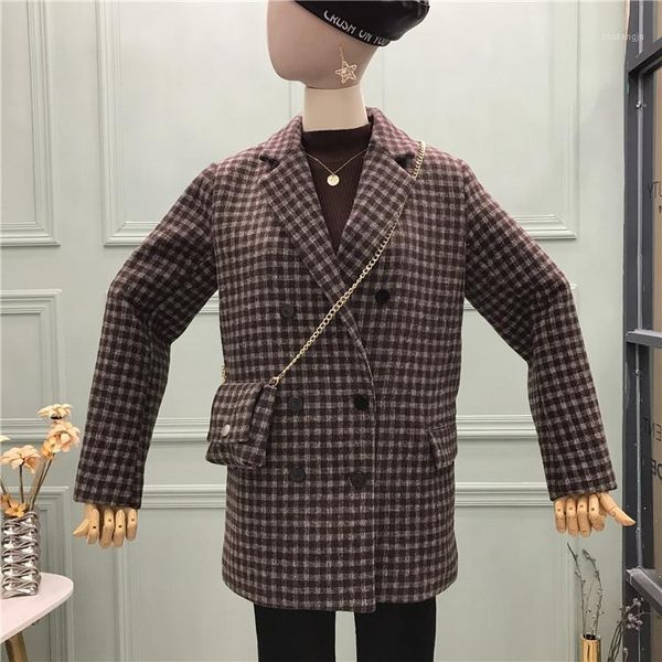 new autumn winter all-match medium-long plaid female outwear double breasted long sleeve woolen jacket coat with bag1, Black
new autumn winter all-match medium-long plaid female outwear double breasted long sleeve woolen jacket coat with bag1, Black