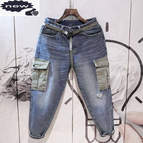 men's jeans summer men loose straight cotton ankle-length cargo fashion patchwork pockets hole ripped retro harem denim pants, Blue
men's jeans summer men loose straight cotton ankle-length cargo fashion patchwork pockets hole ripped retro harem denim pants, Blue
