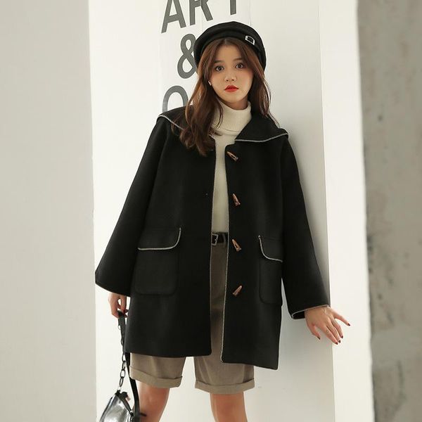 women's wool & blends preppy navy collar and horn button coat for mid-length winter 2021 cropped tweed jacket, Black
women's wool & blends preppy navy collar and horn button coat for mid-length winter 2021 cropped tweed jacket, Black
