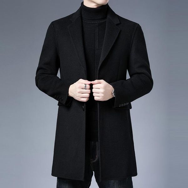 winter woolen coat men's medium length business men's double faced coat solid color suit collar, Black
winter woolen coat men's medium length business men's double faced coat solid color suit collar, Black