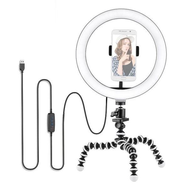 10 Inch/26cm Ring Video Light Kit 3300k-5500k Dimmable Led Selfie Ring Light 3 Lighting Modes+ Flexible Ocs Tripod Lamp