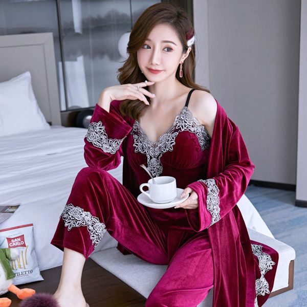 new four piece suit fall winter golden velvet pajamas robe gown women women's suspender lace bra spring and autumn nightgown lingerie, Black;red
new four piece suit fall winter golden velvet pajamas robe gown women women's suspender lace bra spring and autumn nightgown lingerie, Black;red