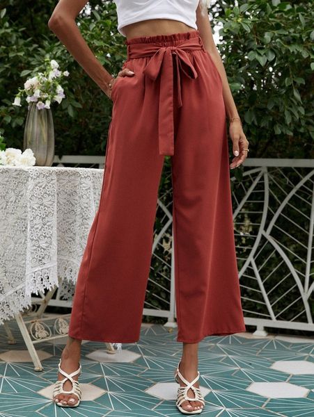 paper bag wide leg pants with belt j0cx#, Black;white