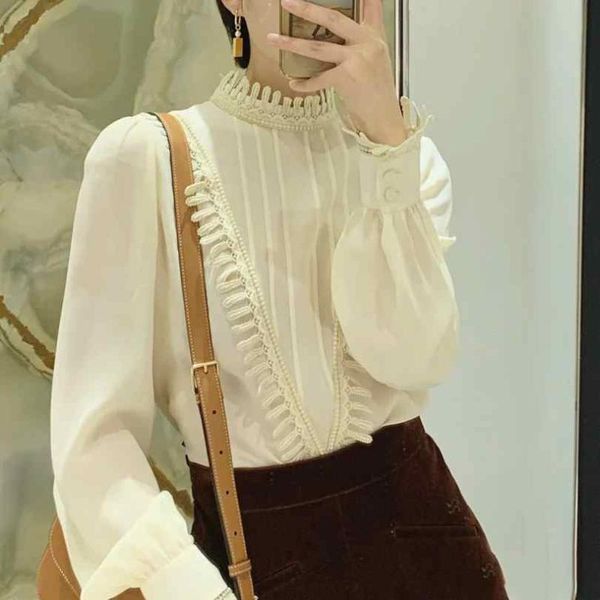 women's blouses & shirts 2021 spring and summer shirt beige apricot wheat ear lace, White
women's blouses & shirts 2021 spring and summer shirt beige apricot wheat ear lace, White