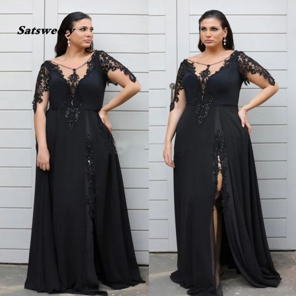 stylish lace appliqued plus size prom dresses with long sleeves sheer neck mother of the bride dresses split evening gowns, Black;red
stylish lace appliqued plus size prom dresses with long sleeves sheer neck mother of the bride dresses split evening gowns, Black;red
