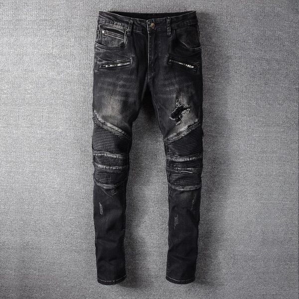 black straight jeans men slim legged pants motorcycle pants men biker jean black denim pant pleated holes ripped pencil trousers, Blue
black straight jeans men slim legged pants motorcycle pants men biker jean black denim pant pleated holes ripped pencil trousers, Blue