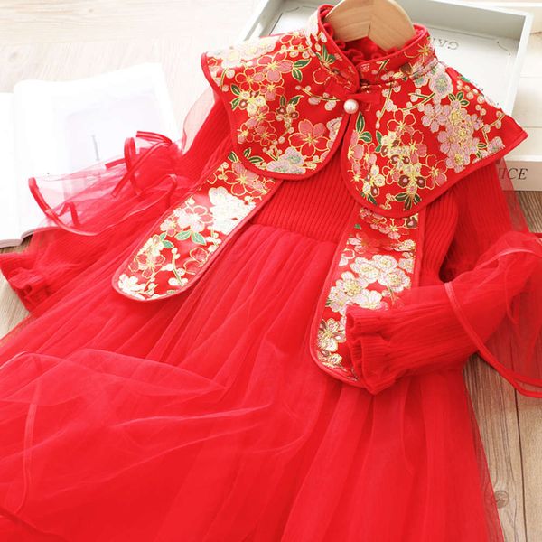 antique 2020 with sle new year's and ancient charm embroidered red mh skirt girl's ruffle bubble sve drs 20mj, Red;yellow