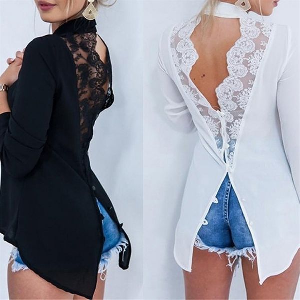 black white lace office lady summer women long sleeve button irregular shirts patchwork backless lace chiffon blouse y200828
black white lace office lady summer women long sleeve button irregular shirts patchwork backless lace chiffon blouse y200828