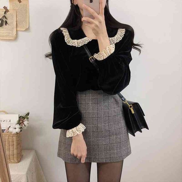 korean ulzzang spring autumn women shirt peter pan collar lace ruffles black velvet loose blouse petal sleeve elegant lady, White
korean ulzzang spring autumn women shirt peter pan collar lace ruffles black velvet loose blouse petal sleeve elegant lady, White