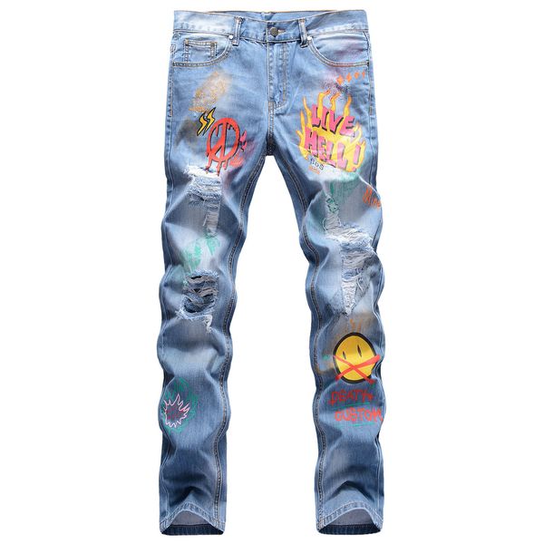 2021 new men's male trousers cross-border street hip-hop wind hole hand-painted paint color printing smiling face straight jeans men do, Blue
2021 new men's male trousers cross-border street hip-hop wind hole hand-painted paint color printing smiling face straight jeans men do, Blue