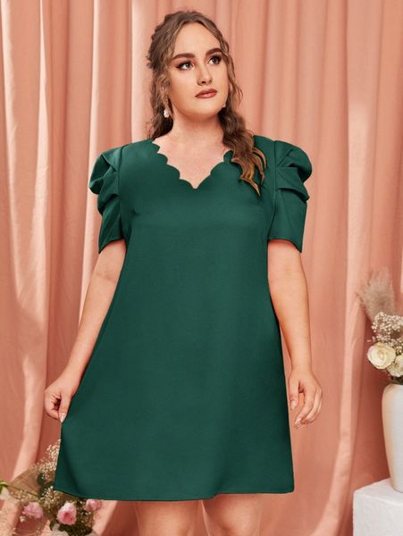 plus puff sleeve scallop trim dress y4c3#, Black 
plus puff sleeve scallop trim dress y4c3#, Black