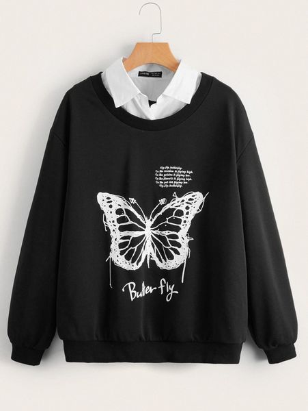 slogan & butterfly graphic contrast collar 2 in 1 pullover l2kl#, White;black
slogan & butterfly graphic contrast collar 2 in 1 pullover l2kl#, White;black
