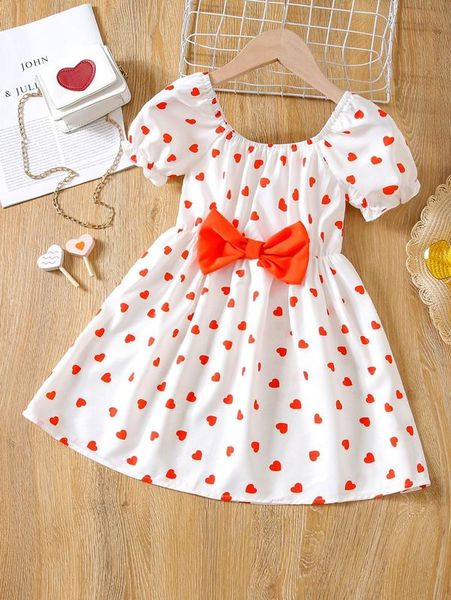 toddler girls heart print puff sleeve bow front dress she, Red;yellow
