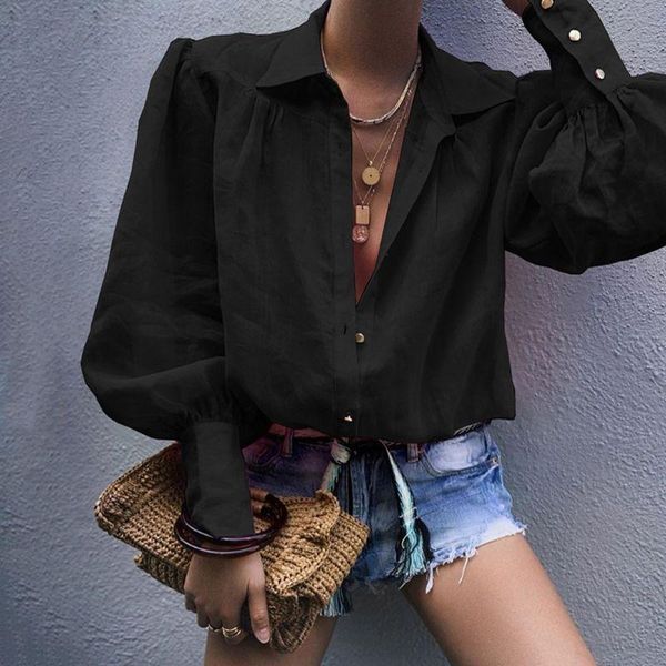 women puff long sleeve solid color blouse lapel button up vintage loose shirt 6xda, White
women puff long sleeve solid color blouse lapel button up vintage loose shirt 6xda, White