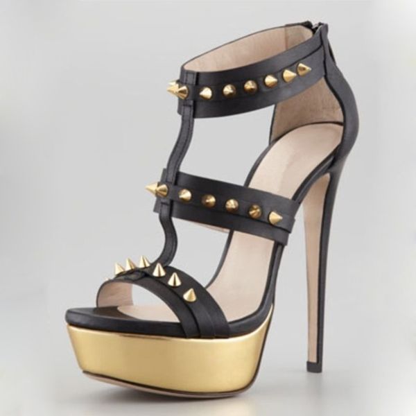 woman fashion rivets studded super heels gladiator peep high gold platform sandals spiked party shoes u9ty, Black
woman fashion rivets studded super heels gladiator peep high gold platform sandals spiked party shoes u9ty, Black