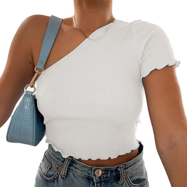 women crop ladies summer one-shoulder slim solid ruched t shirt ladies short sleeve cold shoulder club casual tee top, White
women crop ladies summer one-shoulder slim solid ruched t shirt ladies short sleeve cold shoulder club casual tee top, White