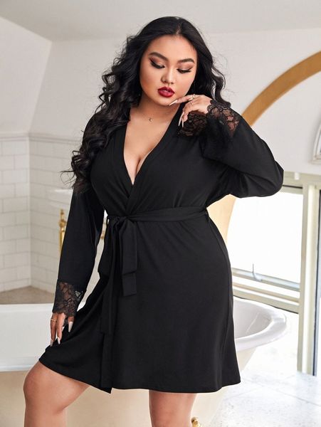 plus contrast lace belted sleep robe without lingerie l8po#, Black;white