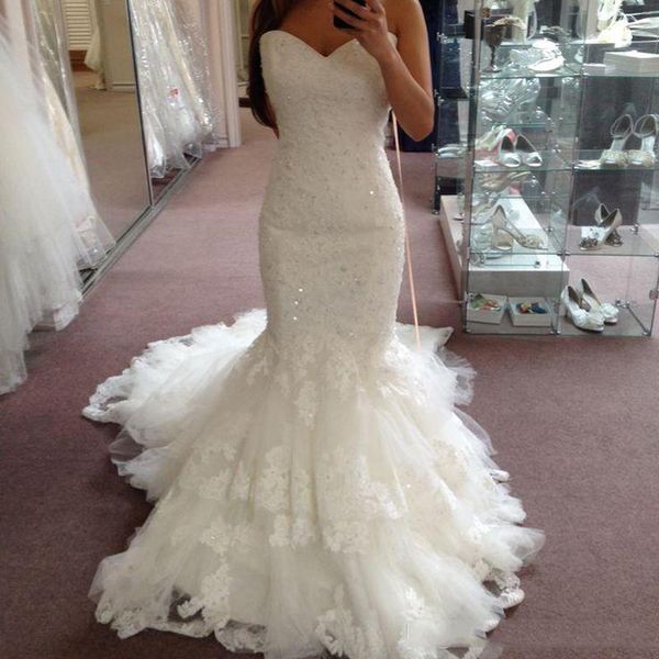 strapless lace mermaid wedding dresses with beaded appliques sweetheart lace up back tulle sweep train wedding bridal gowns, White
strapless lace mermaid wedding dresses with beaded appliques sweetheart lace up back tulle sweep train wedding bridal gowns, White