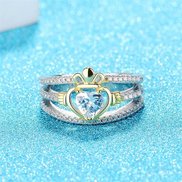 Luxury Female Love Heart Crystal Jewelry Classic Gold Silver Color Engagement Ring Dainty Zirconia Crown Wedding Rings For Women, Slivery;golden
Luxury Female Love Heart Crystal Jewelry Classic Gold Silver Color Engagement Ring Dainty Zirconia Crown Wedding Rings For Women, Slivery;golden
