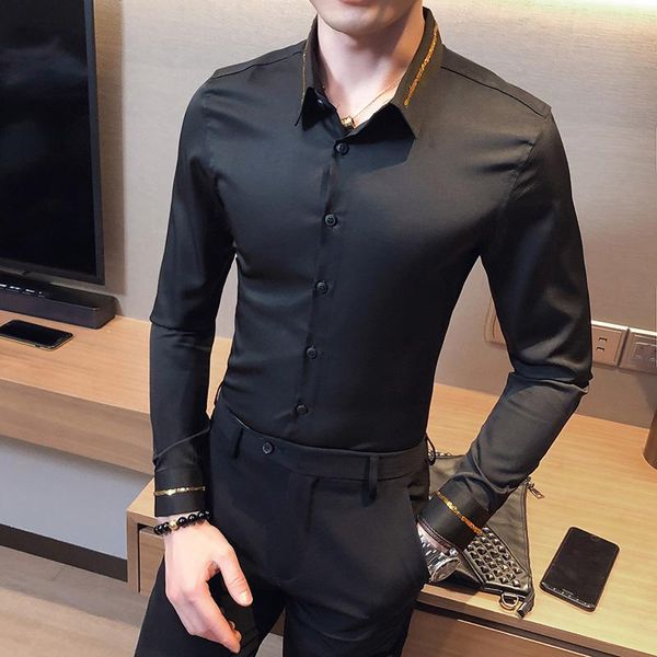 sequins decor shirt men 2020 new young man business work shirts long sleeve all match simple social shirt dress men formal wear, White;black
sequins decor shirt men 2020 new young man business work shirts long sleeve all match simple social shirt dress men formal wear, White;black