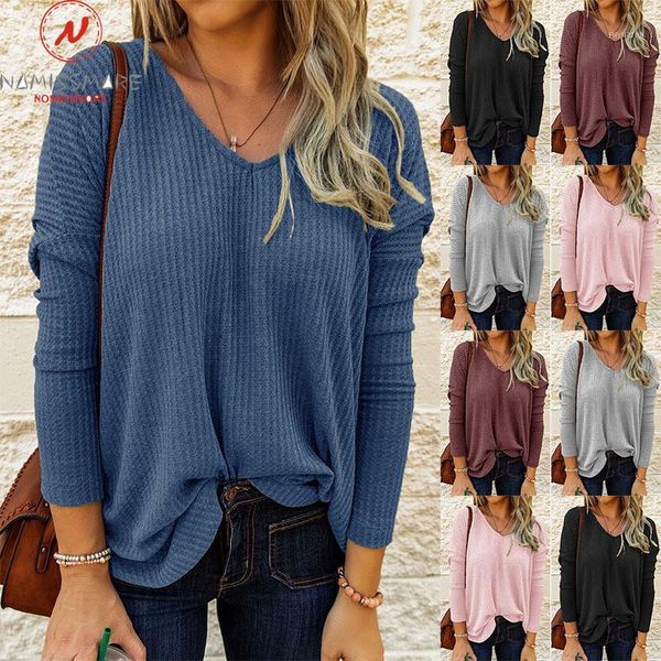 women spring autumn casual loose t-shirts v-neck long sleeve solid color pullovers knitted for streetwear1, White
women spring autumn casual loose t-shirts v-neck long sleeve solid color pullovers knitted for streetwear1, White
