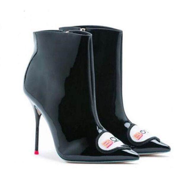 colorful embroidered letters pointed toe high heel ankle spring autumn patent leather side zipper short boots for woman, Black
colorful embroidered letters pointed toe high heel ankle spring autumn patent leather side zipper short boots for woman, Black