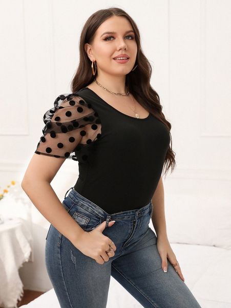 plus contrast dobby mesh puff sleeve bodysuit k4ea#, Black 
plus contrast dobby mesh puff sleeve bodysuit k4ea#, Black